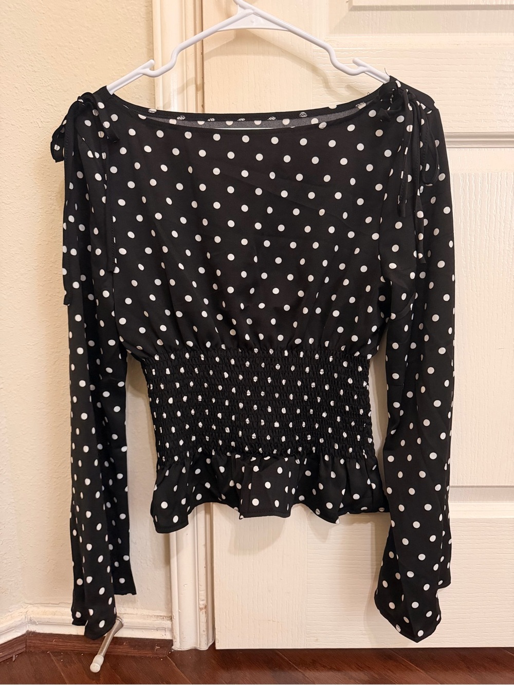Black and White Polka Dot Long-Sleeve Cinched Waist Blouse